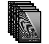 Americanflat Marco para Fotos A5 en Negro Marco de Fotos de Moldura Fina con Cristal Irrompible, Accesorios para Colgar y Pie Visualización Horizontal o Vertical Marco Fotos Pared o Mesa 5 Unidades