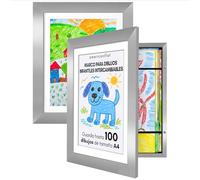 Americanflat Plata Marco Dibujos Infantiles A4 - Cuadro de Almacenamiento para Niños para 100 Unidades, Proyectos de Arte, Puzzles y Fotos - Madera Compuesta con Vidrio Resistente - 2 Unidades