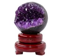 Amethyst Druzy Geode Crystal Ball, Stone Crystal Sphere Ball with Wooden Base, Feng Shui Purple Crystal Ball Decorative Balls Ornament for Home Decoration,7~7.5cm