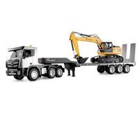 Amewi Juego de camión 2 en 1 con camión de Carga Baja y Excavadora 1:24 RTR teledirigido RC Obras para niños de 8 años, Color Antracita, Negro y Amarillo