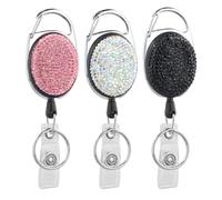 Amexo 3 Piezas Llavero Retráctil Resistente, Soporte Retráctil para Insignias Llavero Retráctiles con Pedrería Mosquetón de Carrete para Oficina Enfermera Médico Estudiante (Negro, Blanco, Rosa)