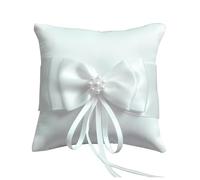 Amexo Cojín para Anillo de Boda Blanco Lazo Porta de Alianzas Romántico Soporte de Almohada de Anillo con Cinta y Perlas Artificiales para Boda Propuesta (20 x 20cm)