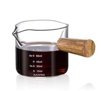 Amexo Taza de Espresso con Mango de Madera, 75 ml Vaso Medidor Espresso Taza Medidora de Vidrio de Doble Pico con Doble Graduación, Vaso de Chupito con Pico en V para Café, Leche, Jugo Líquido