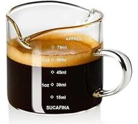Amexo Taza de Espresso con Mango de Madera, 75ml Vaso Medidor Espresso Taza Medidora de Vidrio de Doble Pico con Doble Graduación, Vaso Chupito con Pico en V para Café, Leche, Jugo Líquido (Vidrio)