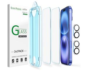 amFilm 2+2 Pack de Vidrio Templado para iPhone 16 Plus de 6,7", OneTouch 2 Piezas Protector de Pantalla con 2 Piezas Protectores de Lente de Cámara, Funda Compatible