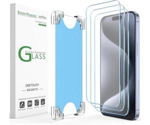 amFilm Paquete de 3 protectores de pantalla magnéticos OneTouch para iPhone 15 Pro Max de 6.7 pulgadas [respetuoso con el medio ambiente y reduce el plástico] [vidrio templado ultra 9H indestructible]