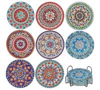 AMFUN 8 Piezas Posavasos de Pintura de Diamantes con Soporte, Posavaso para Bebidas, Posavasos de Mandala para Vasos de Bebidas de Bar, Principiantes, Adultos y Niños(Mandala)
