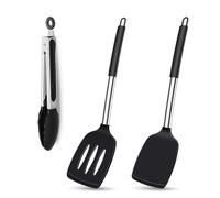 AMFUN Juego de 3 Espátulas de Silicona, Erramientas Antiadherentes para Hornear Resistentes al Calor, para Servir, Freir, Cocinar Huevos, Peacado, Verduras, Steak, Tortitas (Negro)