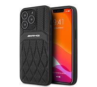 AMG Funda de Piel auténtica con líneas curvadas Perforadas de Cuero Negro con Logotipo para iPhone 13 Pro MAX (6.7 Pulgadas), Color Negro