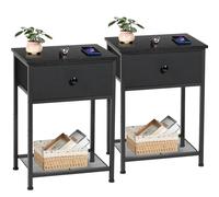 AMHANCIBLE Juego de 2 Mesitas de Noche, Mesilla de Noche Pequeñas con Cajón de Tela, Mesita Auxiliar Industrial Delgada con Estante, para Dormitorio, Salón o Espacios Pequeños, Negro EHET03SDBK