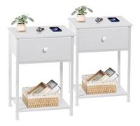 AMHANCIBLE Juego de 2 Mesitas de Noche, Mesilla de Noche Pequeñas con Cajón de Tela, Mesita Auxiliar Industrial Delgada con Estante, para Dormitorio, Salón o Espacios Pequeños, Blanco EHET03SDWT