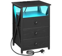 AMHANCIBLE Mesita de Noche con LED, Mesa Auxiliar con Estación de Carga, con 3 Cajones de Tela, 2 Tomas AC, Estante Abierto, 2 Puertos USB, Dormitorio, Salón, Negro HET053LBK-1