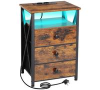 AMHANCIBLE Mesita de Noche con LED, Mesa Auxiliar con Estación de Carga, con 3 Cajones de Tela, 2 Tomas AC, Estante Abierto, 2 Puertos USB, Dormitorio, Salón, Marrón HET053LBR-1