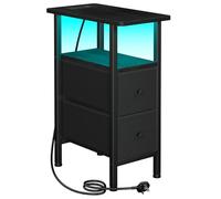 AMHANCIBLE Mesita de noche delgada con estación de carga, mesa auxiliar estrecha con luces LED, mesa auxiliar pequeña con 2 cajones de tela, mesita de noche para espacios pequeños, sala de estar