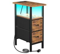 AMHANCIBLE Mesita de noche delgada con estación de carga, mesa estrecha con luces LED, mesa pequeña con 2 cajones de tela, mesita de noche para espacios pequeños, salón, dormitorio, color negro