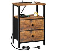 AMHANCIBLE Mesita de Noche, Mesitas de Noche con Estación de Carga, Mesa Auxiliar con 2 Cajones de Tela, 2 Tomas AC, 2 Puertos USB, Dormitorio, Salón, Estudio, Marrón EHETS020BR-1