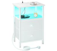 AMHANCIBLE Mesita de Noche, Mesitas de Noche con Estación de Carga, Mesa Auxiliar con 2 Cajones de Tela, 2 Tomas AC, 2 Puertos USB, Dormitorio, Salón, Estudio, Blanco, EHETS02WT-1
