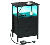 AMHANCIBLE Mesita de Noche, Mesitas de Noche con Estación de Carga, Mesa Auxiliar con 2 Cajones de Tela, 2 Tomas AC, 2 Puertos USB, Dormitorio, Salón, Estudio, Negro, EHETS02BK-1