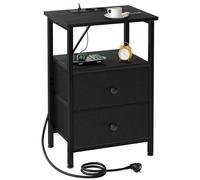 AMHANCIBLE Mesita de Noche, Mesitas de Noche con Estación de Carga, Mesa Auxiliar con 2 Cajones de Tela, 2 Tomas AC, 2 Puertos USB, Dormitorio, Salón, Estudio, Negro EHETS020BK-1