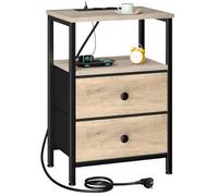 AMHANCIBLE Mesita de Noche, Mesitas de Noche con Estación de Carga, Mesa Auxiliar con 2 Cajones de Tela, 2 Tomas AC, 2 Puertos USB, Dormitorio, Salón, Estudio, Gris EHETS020GY-1