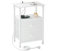 AMHANCIBLE Mesita de Noche, Mesitas de Noche con Estación de Carga, Mesa Auxiliar con 2 Cajones de Tela, 2 Tomas AC, 2 Puertos USB, Dormitorio, Salón, Estudio, Blanco, EHETS020WT-1