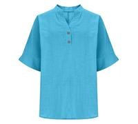 AMhomely Blusas de lino para mujer, blusas de verano del Reino Unido, camisetas de algodón y lino, media manga con botones, cuello en V, camisas Henley de ajuste holgado, color liso, 03 Azul, XL