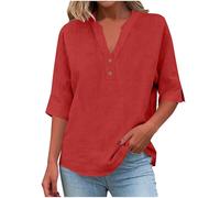 AMhomely Blusas de lino para mujer, blusas de verano del Reino Unido, camisetas de algodón y lino, media manga con botones, cuello en V, camisas Henley de ajuste holgado, color liso, 04 Rojo, XL