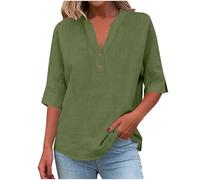 AMhomely Blusas de lino para mujer, blusas de verano del Reino Unido, camisetas de algodón y lino, media manga con botones, cuello en V, camisas Henley de ajuste holgado, color liso, 04 Verde militar