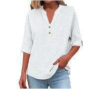 AMhomely Blusas de lino para mujer, blusas de verano del Reino Unido, camisetas de algodón y lino, media manga con botones, cuello en V, camisas Henley de ajuste holgado, color liso, 04 Blanco, XXL