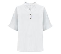 AMhomely Blusas de lino para mujer, blusas de verano del Reino Unido, camisetas de algodón y lino, media manga con botones, cuello en V, camisas Henley de ajuste holgado, color liso, 03 Blanco, L