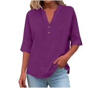 AMhomely Blusas de lino para mujer, blusas de verano del Reino Unido, camisetas de algodón y lino, media manga con botones, cuello en V, camisas Henley de ajuste holgado, color liso, 04 Morado, XL