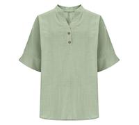 AMhomely Blusas de lino para mujer, blusas de verano del Reino Unido, camisetas de algodón y lino, media manga con botones, cuello en V, camisas Henley de ajuste holgado, color liso, 03 Verde, S