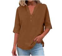 AMhomely Blusas de lino para mujer, blusas de verano del Reino Unido, camisetas de algodón y lino, media manga con botones, cuello en V, camisas Henley de ajuste holgado, color liso, 04 Marrón, M