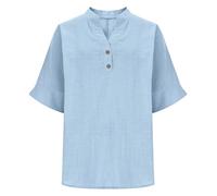 AMhomely Blusas de lino para mujer, blusas de verano del Reino Unido, camisetas de algodón y lino, media manga con botones, cuello en V, camisas Henley de ajuste holgado, color liso, 03 Azul Claro, XL