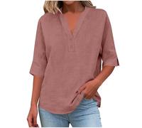 AMhomely Blusas de lino para mujer, blusas de verano del Reino Unido, camisetas de algodón y lino, media manga con botones, cuello en V, camisas Henley de ajuste holgado, color liso, Oro rosa 04, XXL