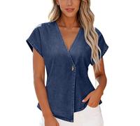 AMhomely Blusas elegantes para mujer, manga casquillo, cuello en V, estilo campesino, túnica para mujer, lisa, para trabajo, oficina, fiesta, salir, 00 azul oscuro, L