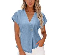 AMhomely Blusas elegantes para mujer, manga casquillo, cuello en V, estilo campesino, túnica para mujer, lisa, para trabajo, oficina, fiesta, salir, 00 azul claro, S