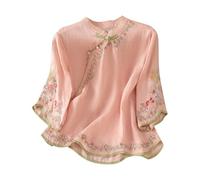 AMhomely Blusas vintage para mujer, de algodón y lino, acampanadas, de manga larga, floral, holgadas, holgadas, holgadas, blusas retro e informales, B52 rosa, M