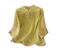 AMhomely Blusas vintage para mujer, de algodón y lino, acampanadas, de manga larga, floral, holgadas, holgadas, holgadas, blusas retro e informales, B52 Verde, L