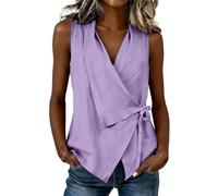 AMhomely Camiseta sin mangas de mezcla de lino con cuello en V para mujer, con nudo frontal, sin mangas, informal, para verano, color liso, ajuste holgado, T31 Morado, S