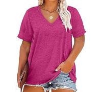 AMhomely Camisetas de manga corta con cuello en V para mujer, de talla grande, holgadas, informales, para entrenamiento, yoga, camisetas tipo túnica, 25 rosa intenso, XL