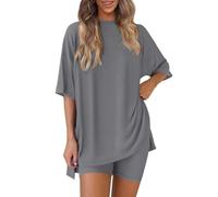 AMhomely Conjunto corto de 2 piezas para mujer, camisa casual de gran tamaño con pantalones cortos, traje de viaje al aeropuerto, playa, vacaciones, conjunto de pedido, C32 gris, S (s)