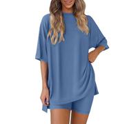 AMhomely Conjunto corto de 2 piezas para mujer, camisa casual de gran tamaño con pantalones cortos, traje de viaje al aeropuerto, playa, vacaciones, conjunto de pedido, C32 azul, S (s)