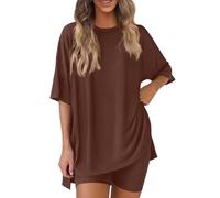 AMhomely Conjunto de 2 piezas para mujer, camisa casual de verano de gran tamaño con pantalones cortos de motociclista a juego, traje de viaje al aeropuerto, cómodo conjunto de pedido, C45 marrón, 4XL