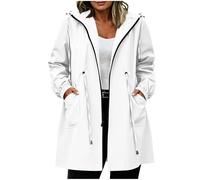 AMhomely Gabardina larga impermeable con capucha para mujer con cordón en la cintura y bolsillos para viajes al aire libre, blanco, L