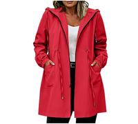 AMhomely Gabardina larga impermeable con capucha para mujer con cordón en la cintura y bolsillos para viajes al aire libre, rosso, XXL