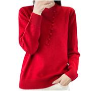 AMhomely Jersey de invierno floral para mujer, suéter grueso de gran tamaño con mangas de farol, J48 Rojo, L