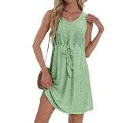 AMhomely Minivestido casual para mujer, sin mangas, con ojales, hueco, cintura alta, suave, para descansar, playa, cuello en V, vestido camisero, D96 verde, L