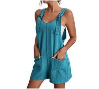 AMhomely Mono corto de verano para mujer, informal, sin mangas, de lino, con correa ajustable para el hombro, pierna ancha, overol corto con bolsillos, P08 azul cielo, 4XL