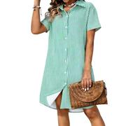 AMhomely Vestido camisero con botones para mujer, cárdigan de manga corta, cuello de solapa a rayas, ajuste holgado, mini vestido de verano, elegante vestido de trabajo, D43 Verde, L